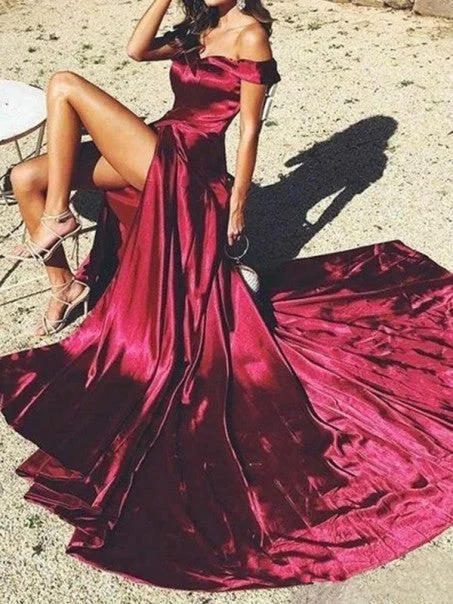 corset prom dressesOff Shoulder High Slit Burgundy Prom Dresses, Long Prom Dresses, Popular Cheap Prom Dresses