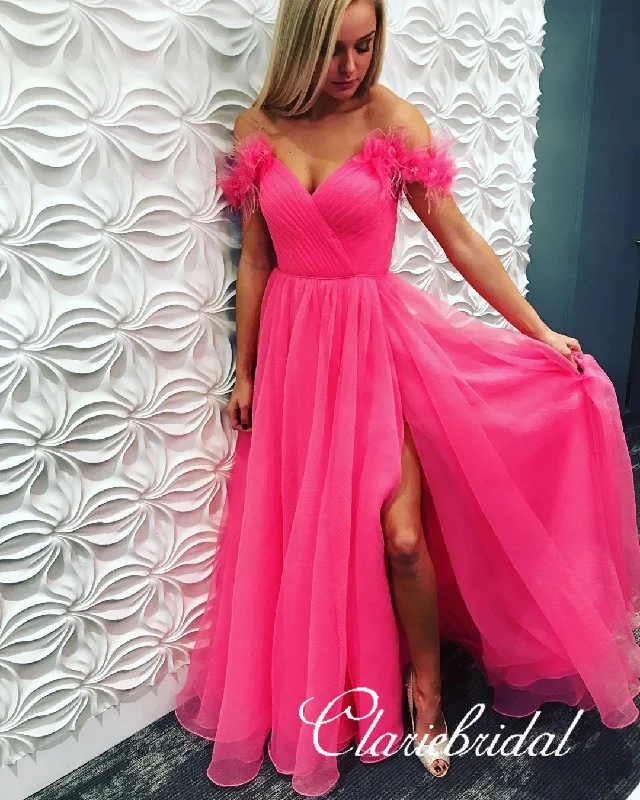 silk prom dressesOff Shoulder Long A-line Hot Pink Tulle Prom Dresses, Lovely Prom Dresses, 2020 Prom Dresses