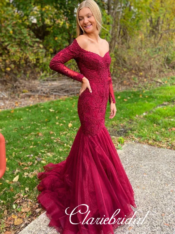 prom dresses with floral embroideryOff Shoulder Long Mermaid Burgundy Lace Tulle Prom Dresses, Beaded Prom Dresses, 2020 Prom Dresses