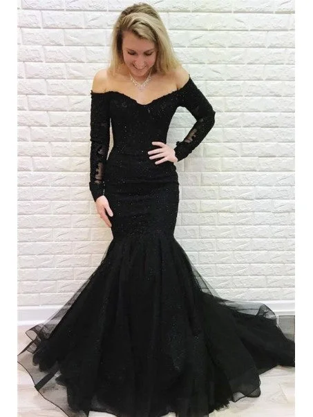 bodycon prom dressesOff Shoulder Long Mermaid Prom Dresses, Lace Beaded Prom Dresses, Black Long Prom Dresses