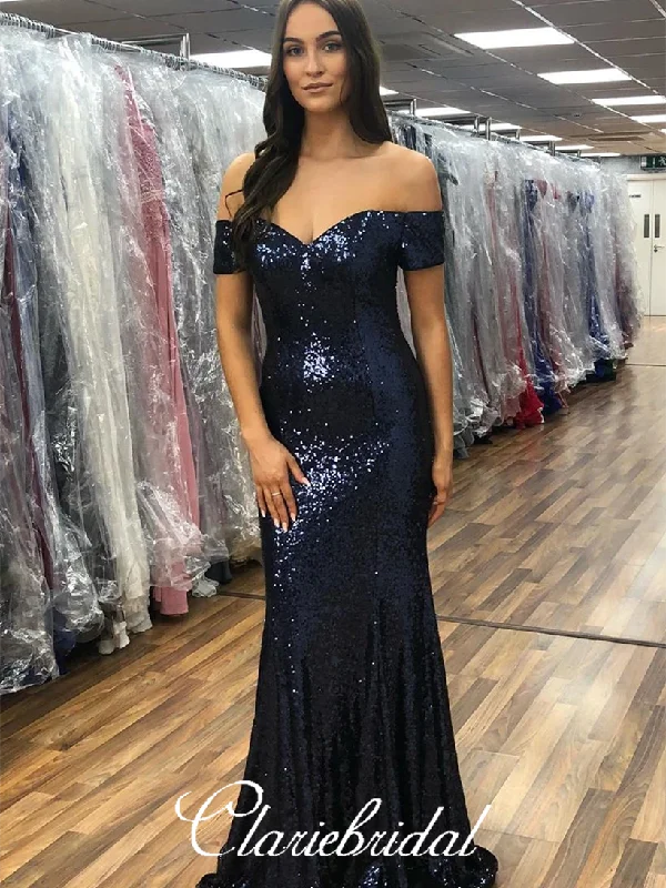 affordable prom dressesOff Shoulder Navy Sequin Prom Dresses, Mermaid Prom Dresses, Long Prom Dresses