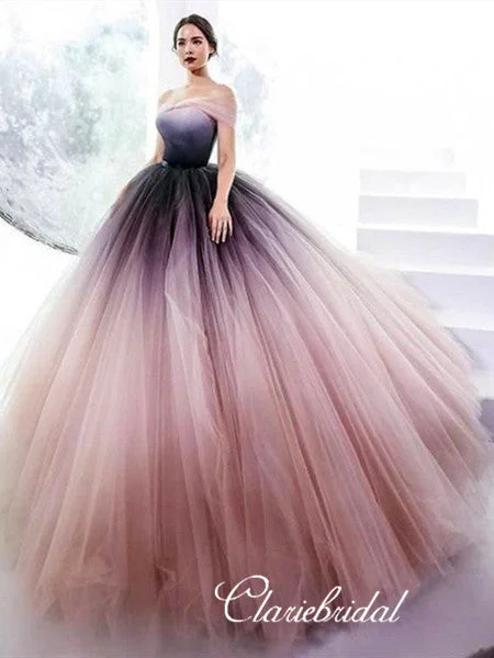 maxi prom dressesOff Shoulder Obrem Prom Dresses, Long A-line Tulle Prom Dresses, Fluffy Prom Dresses