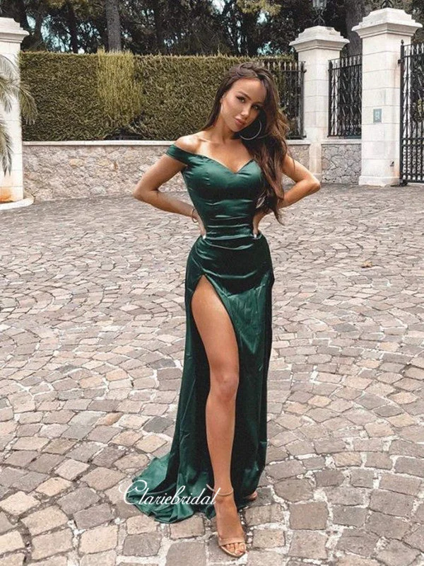 mid-length prom dressesOff Shoulder Simple Prom Dresses, Mermaid Long Prom Dresses, High Slit Prom Dresses