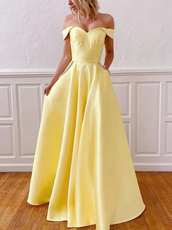 mermaid prom dressesOff The Shoulder Yellow Satin Long Prom Dresses, Beaded Prom Dresses With Pocket