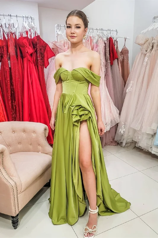 long prom dressesOlive Green Off-the-shoulder High Slit Prom Dress