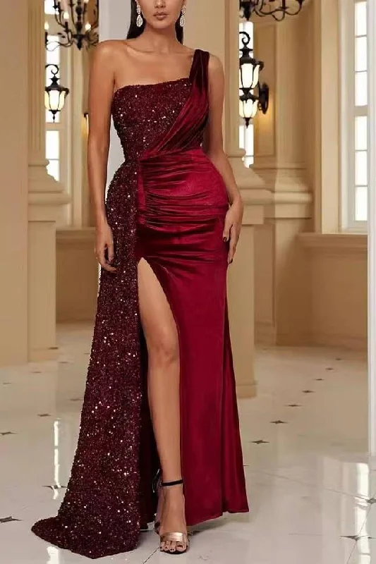 prom dress style guidesOne Shoulder A-Line Sequins Pleated Velvet Long Prom Dress with Slit