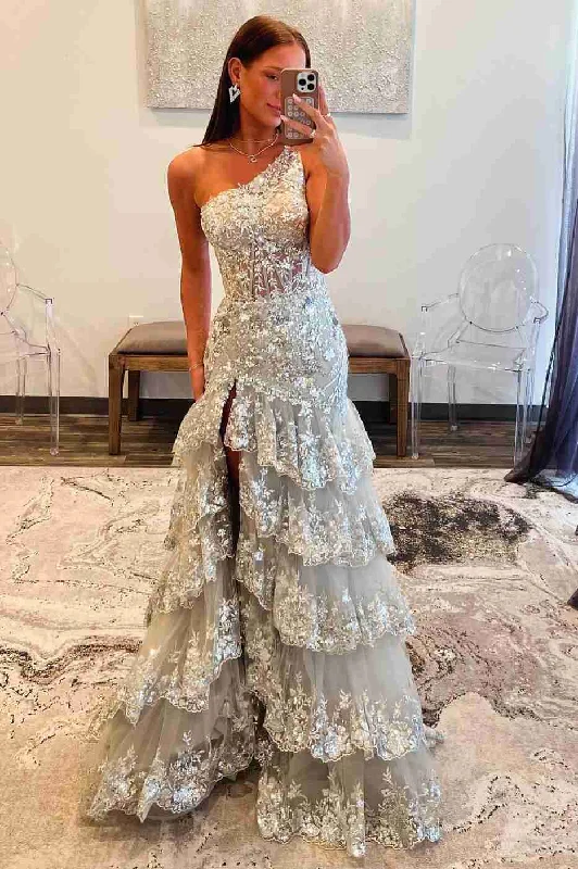 flowy prom dressesOne Shoulder A-Line Tiered Sequins Appliques High Slit Prom Dress Long