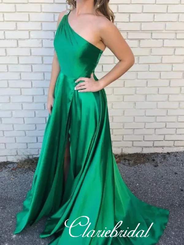 off-shoulder prom dressesOne Shoulder Green Satin Prom Dresses, Beaded Lovely Prom Dresses, Prom Dresses