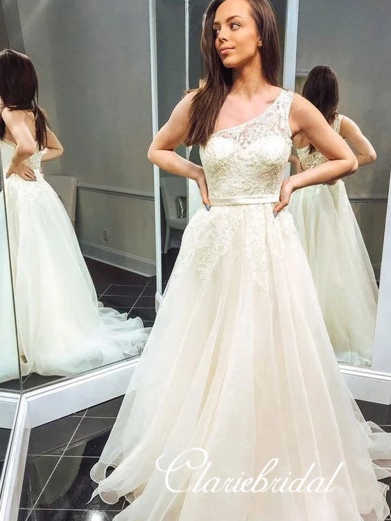 prom dresses for summerOne Shoulder Long A-line Lace Tulle Prom Dresses, Lovely Prom Dresses, 2020 Prom Dresses