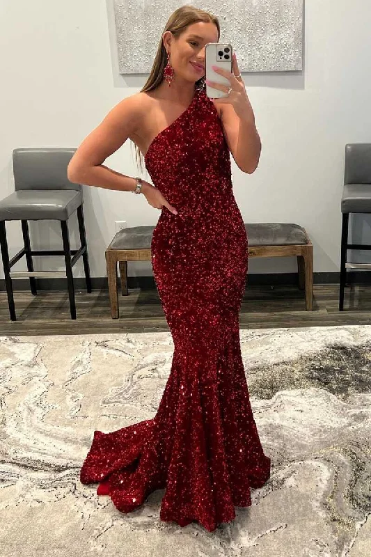 prom dresses for curve-hugging figuresOne-Shoulder Red Sequin Trumpet Long Prom Dress