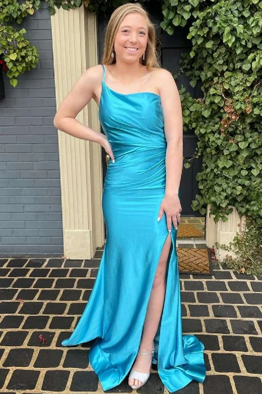 ready-to-wear prom dressesOrange One-Shoulder Ruched Long Prom Dress with Slit