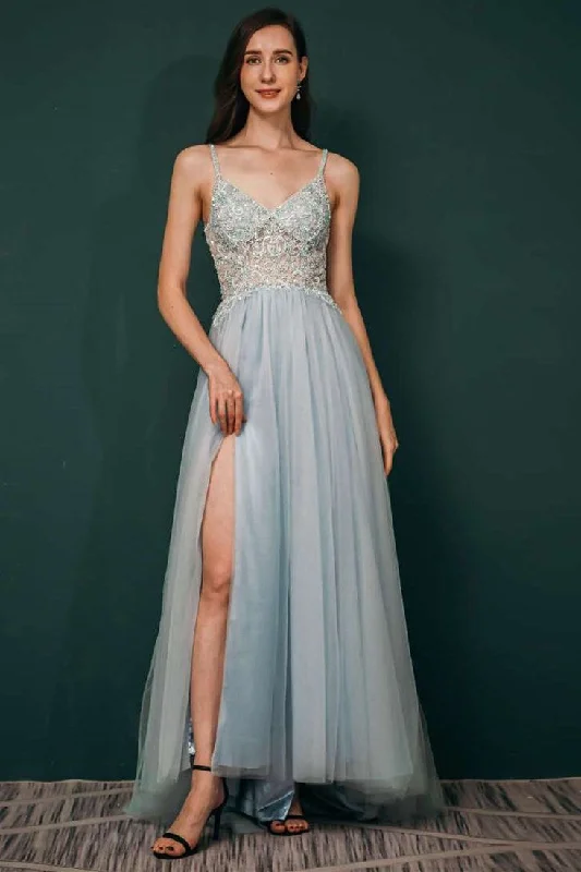 prom dresses for springPale Blue V-neckline Beaded Tulle Prom Gown