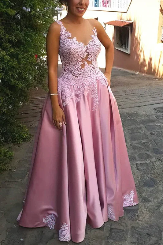 halter prom dressesPink A-Line Straps Appliques V-Neck Pleated Long Formal Prom Dress