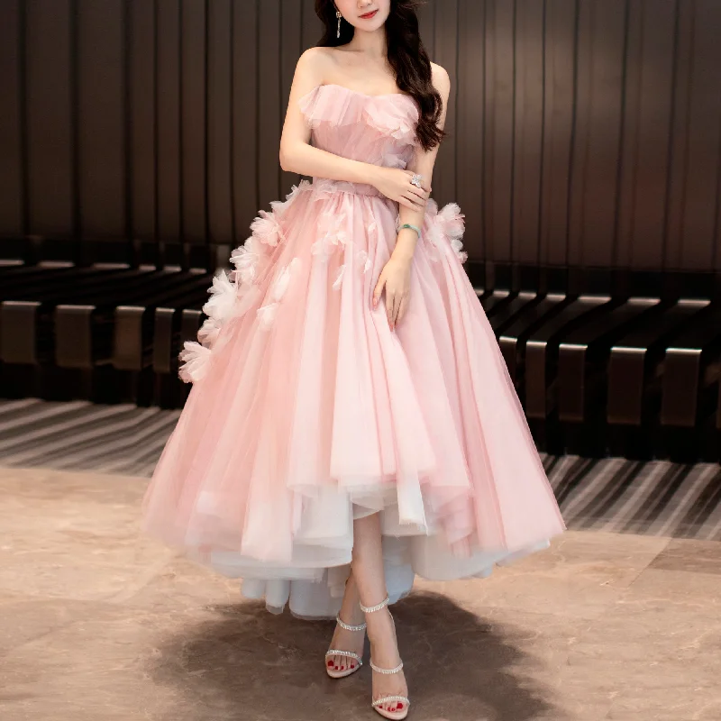 prom dresses for hourglass figuresPink Tiered Tulle High Low Prom Dress Long Formal Dress