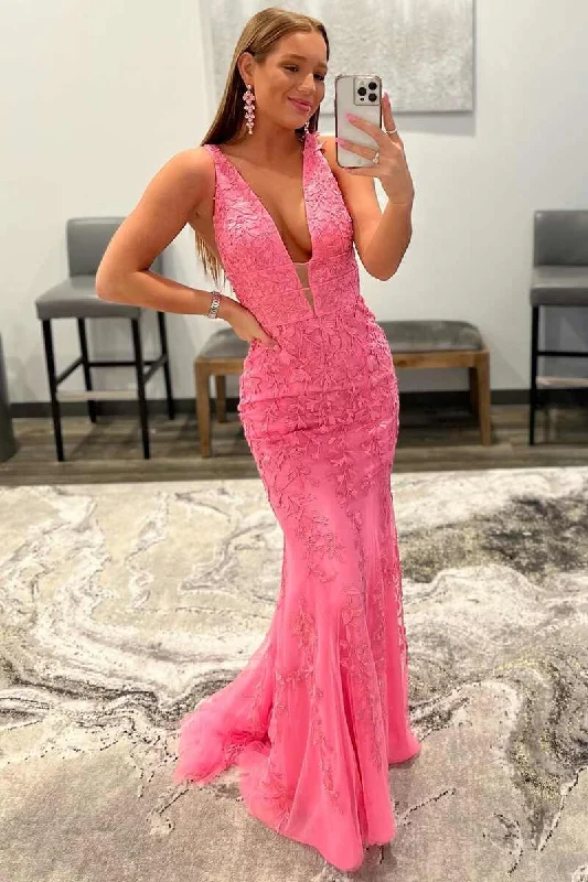 prom dresses for summerPlunge Black Embroidered Mermaid Long Prom Dress