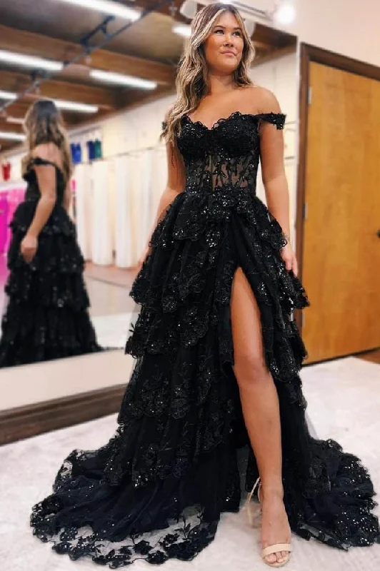 metallic prom dressesPlus Size Tiered Black Prom Dress Ruffles Off the Shoulder Sequin Lace