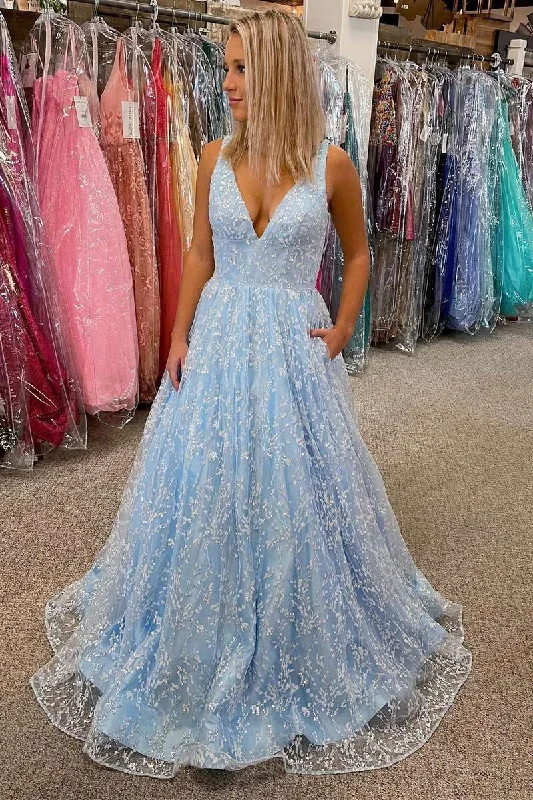 high-slit prom dressesPrincess Light Blue Lace V-Neck Backless A-Line Prom Gown