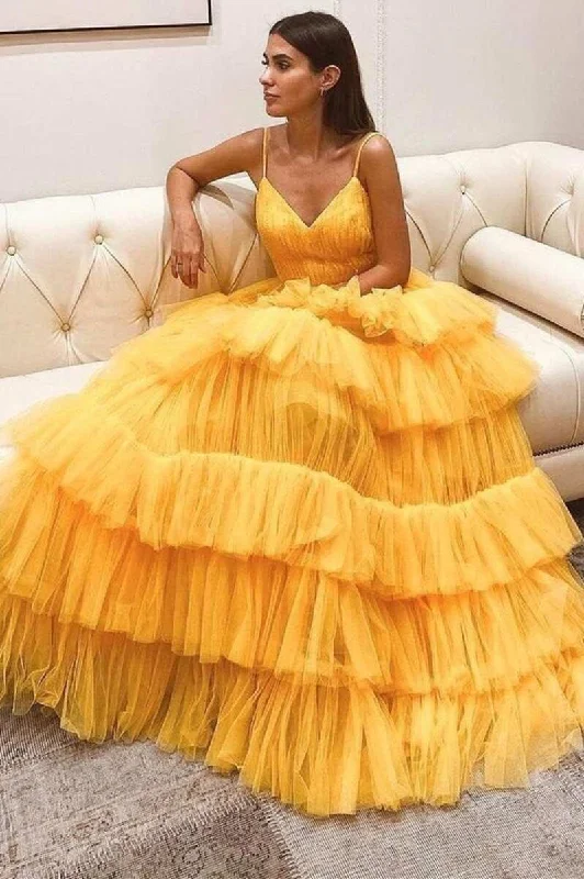 elegant prom dressesPrincess Tiered Yellow Tulle Straps Backless Long Prom Dress