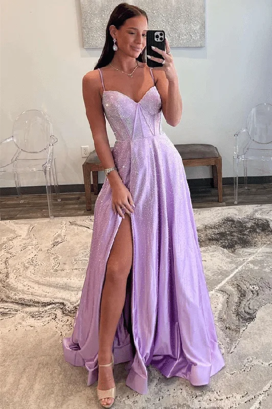 prom dresses for winterPurple Spaghetti Straps Rhinestone Pleated Long Prom Dress with Slit