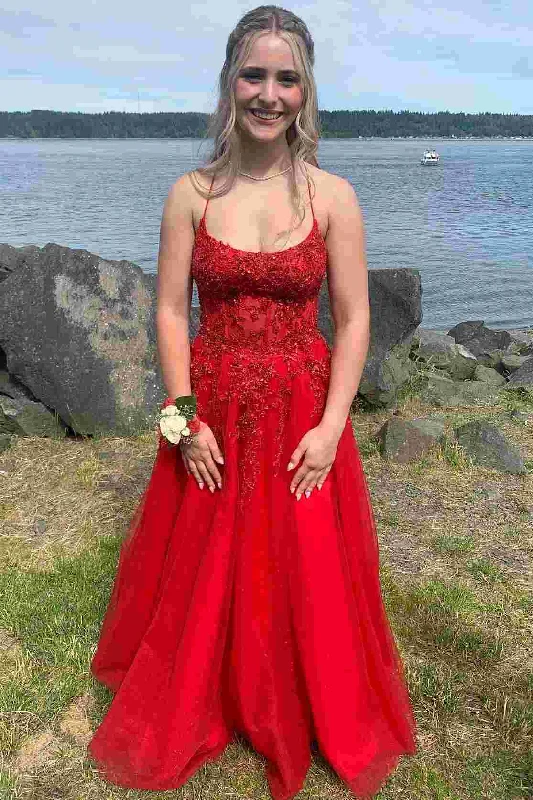 bespoke prom dressesRed A-Line Spaghetti Straps Scoop Appliques Long Prom Formal Dress