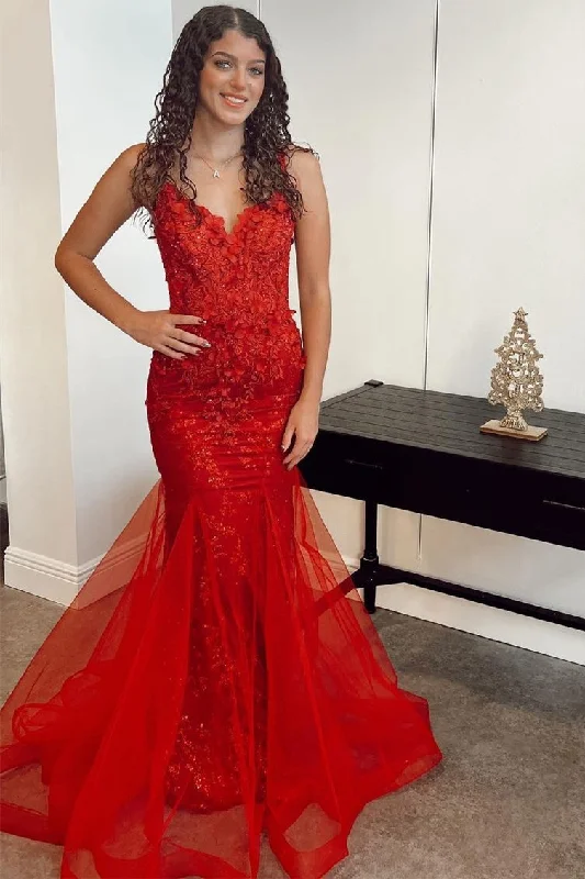 dark prom dressesRed Appliqués V-Neck Lace-Up Trumpet Long Prom Dress