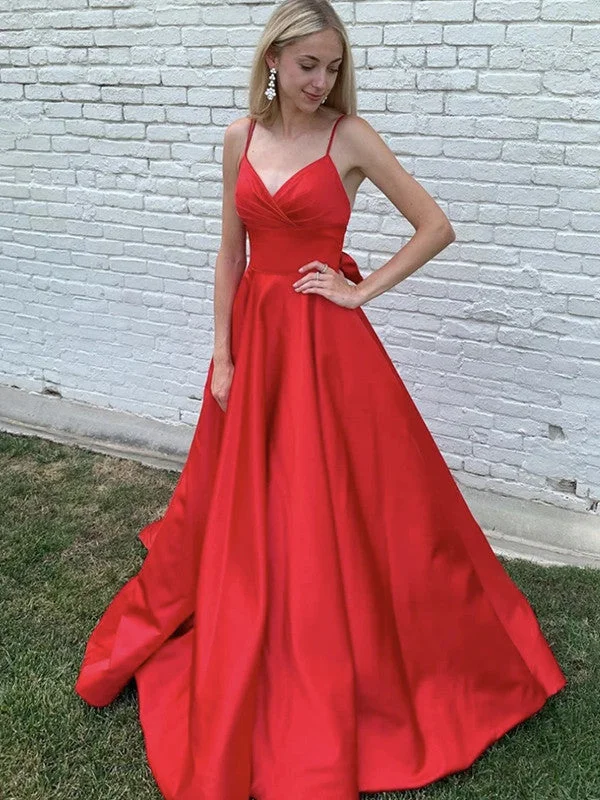 cap sleeve prom dressesRed Color New Prom Dresses Long, Spaghetti Straps A-line Prom Dresses, 2020 Prom Dresses