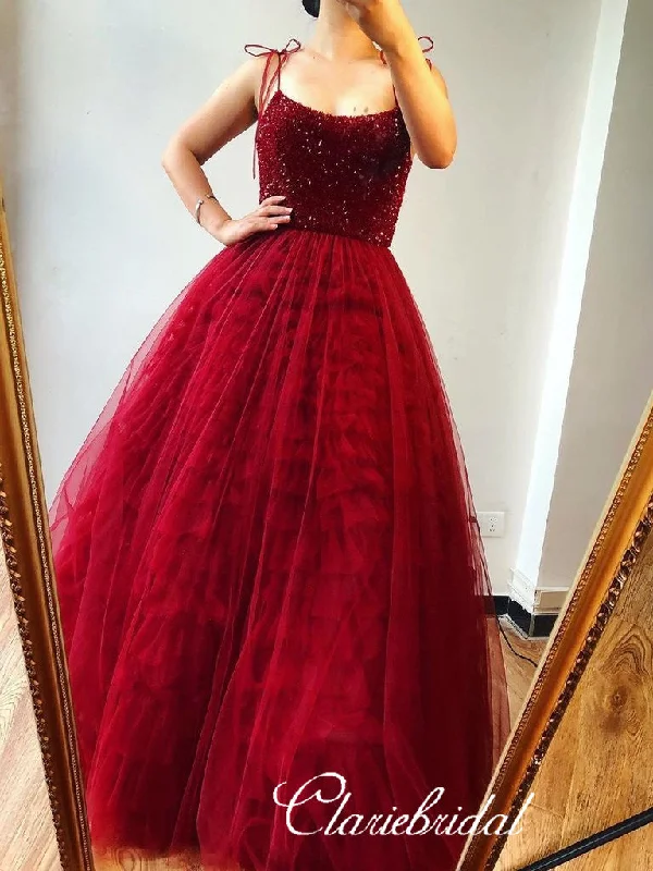 ready-to-wear prom dressesRed Long Prom Dresses, A-line Prom Dresses, Beaded Tulle Prom Dresses, 2020 Prom Dresses