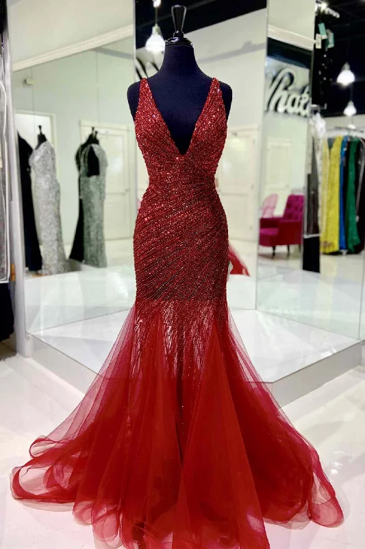 prom dresses for tall girlsRed Sequin and Tulle Block V-Neck Backless Long Prom Dress