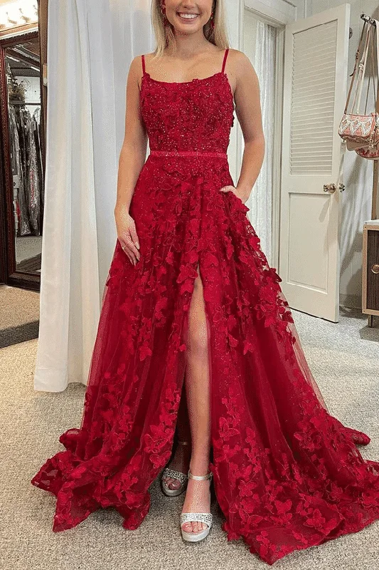 animal print prom dressesRed Spaghetti Straps Appliques Floral A-Line Long Prom Dress with Slit