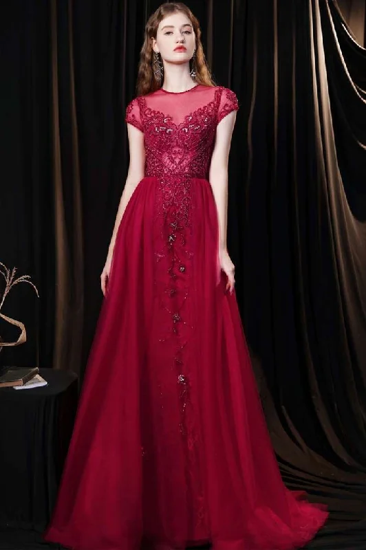 vintage prom dressesRed Tulle Cap Sleeve Round Neck Floor-length Prom Dress