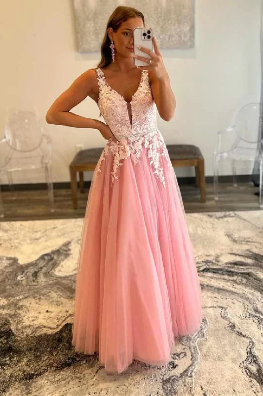 luxury prom dressesRose Lace Embroidered Backless A-Line Prom Dress