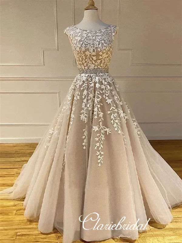 open-back prom dressesRound Neck Lace Tulle Prom Dresses, Beaded Prom Dresses, Long Prom Dresses