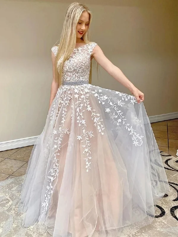 pastel prom dressesRound Neck Long A-line Lace Tulle Prom Dresses, Beaded Wasit Prom Dresses, Popular 2020 Prom Dresses