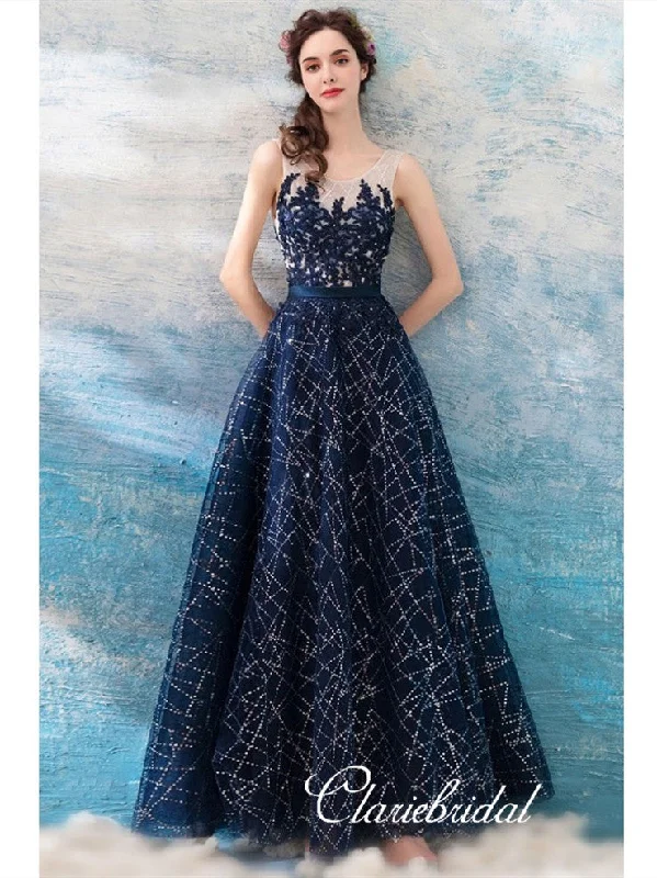 prom dresses with detachable sleevesRound Neck Long A-line Navy Sequin Tulle Prom Dresses, Lace Beaded Prom Dresses