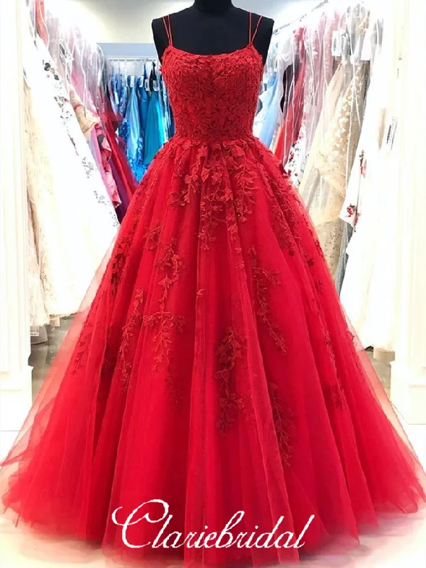 plus-size prom dressesRound Neck Red Lace Tulle Prom Dresses, Lace Up Prom Dresses, Popular 2020 Prom Dresses