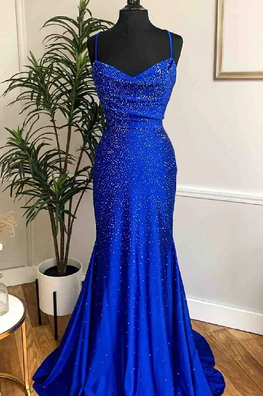 prom dress try-on ideasRoyal Blue Beaded Cowl Neck Mermaid Long Prom Dress