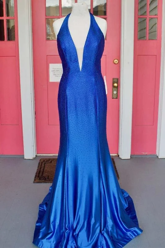 metallic prom dressesRoyal Blue Beaded Plunge Halter Mermaid Long Prom Dress