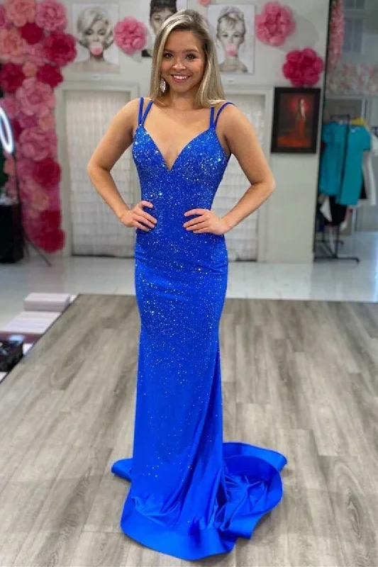 A-line prom dressesRoyal Blue Beaded V-Neck Backless Mermaid Long Prom Gown