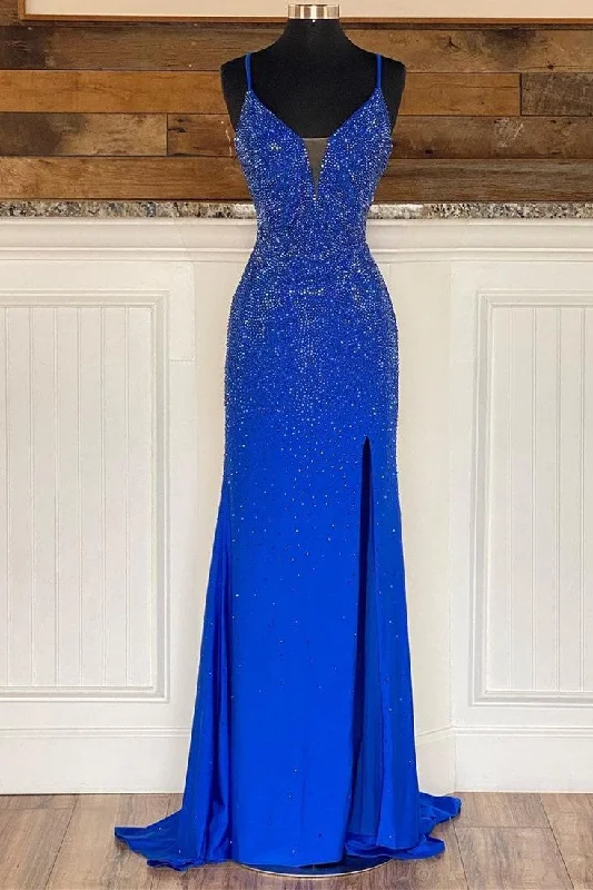 bodycon prom dressesRoyal Blue Beaded V-Neck Mermaid Long Prom Dress