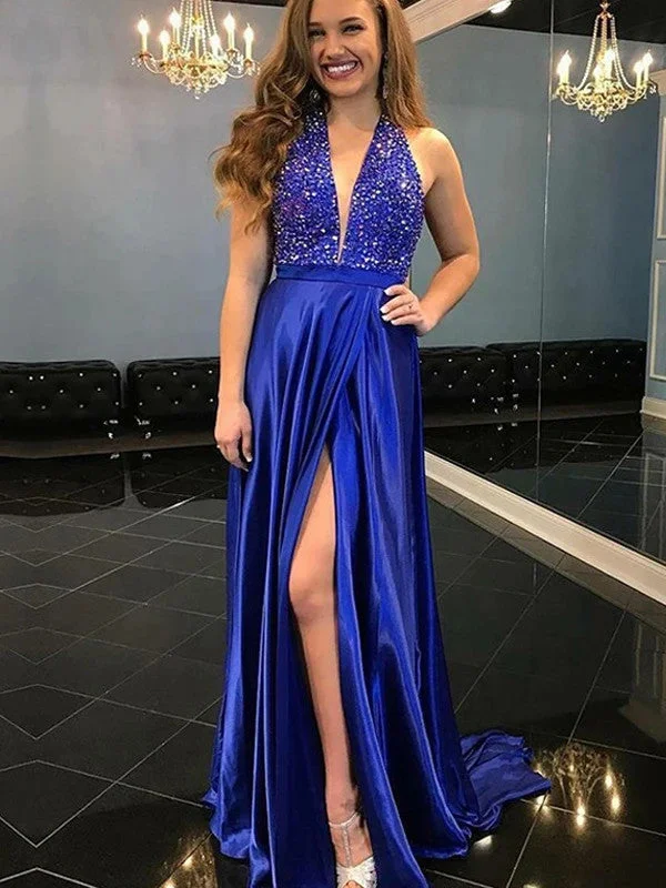 long prom dressesRoyal Blue Halter Rhinestones Long Prom Dresses, High Slit Newest Prom Dresses