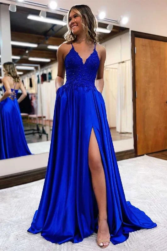 prom dresses with detachable sleevesRoyal Blue Lace Lace-Up Long Prom Dress