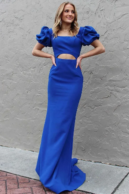 corset prom dressesRoyal Blue Puff Sleeve Cutout Long Prom Dress