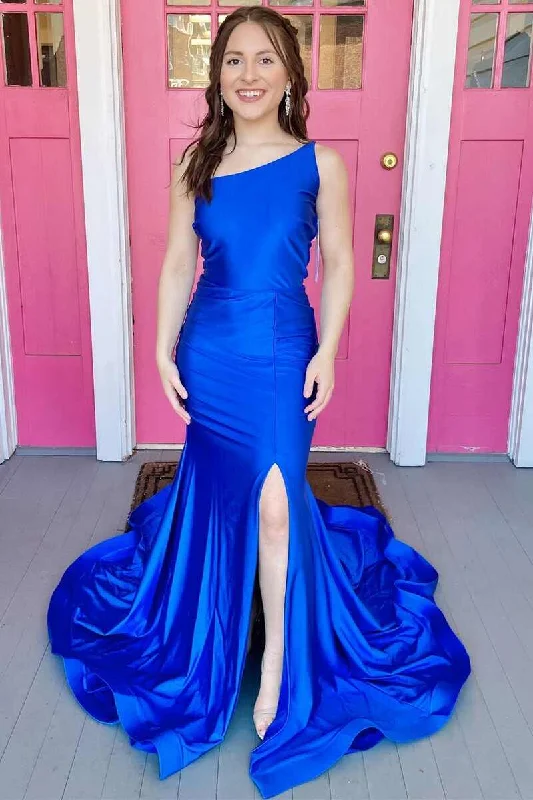 high-slit prom dressesRoyal Blue Satin One-Shoulder Trumpet Long Prom Dress