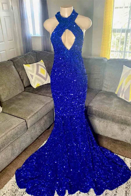 flutter sleeve prom dressesRoyal Blue Sequin Cross-Front Mermaid Long Prom Dress