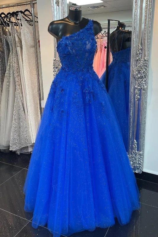 flowy prom dressesRoyal Blue Tulle One-Shoulder 3D Floral Embroidered Prom Dress