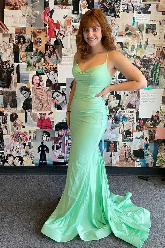 prom dresses with built-in petticoatsSage Green Mermaid Satin Sleeveless Long Formal Prom Dress