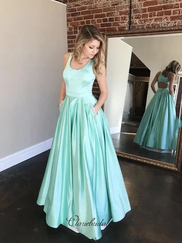 modern prom dressesSatin A-line Newest Prom Dresses, Long Prom Dresses With Pocket