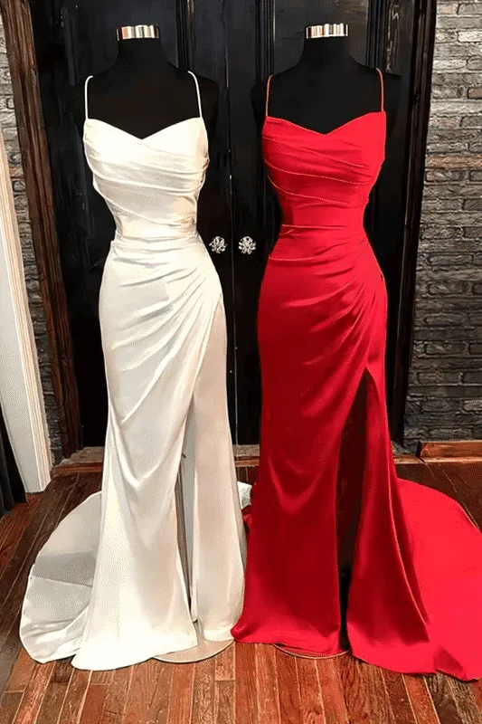 prom dresses for curve-hugging figuresSatin Mermaid Spaghetti Straps Pleated Long Prom Dress with Slit