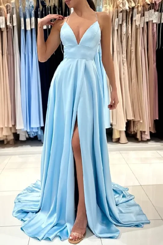 sparkly prom dressesSatin Spaghetti Straps A-Line V-Neck Pleated Long Prom Dress with Slit