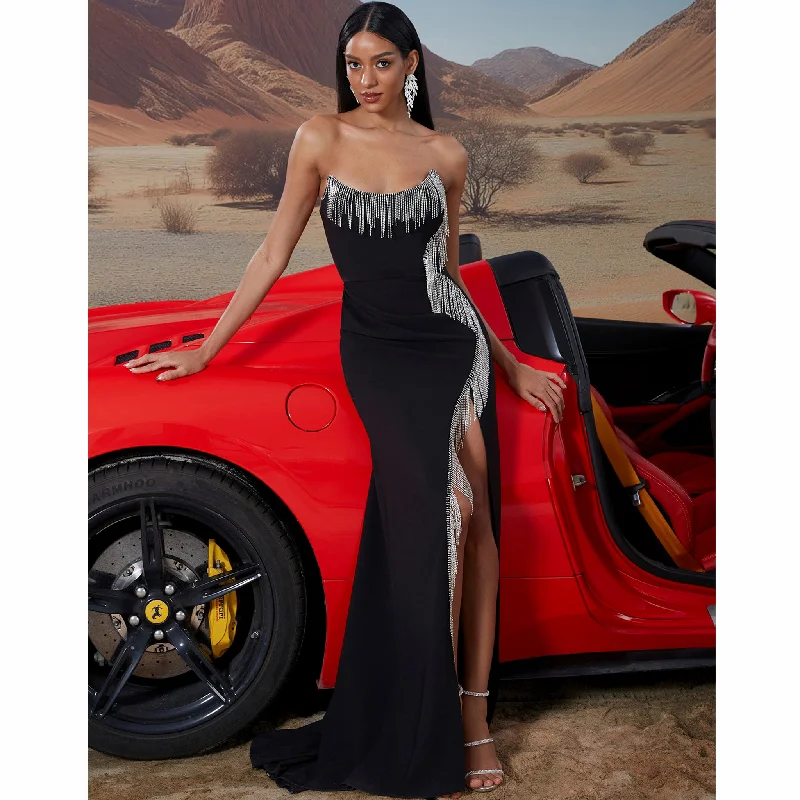 custom prom dressesScoop Neck Black Crystal Embellished High Leg Slit Prom Gown BP045